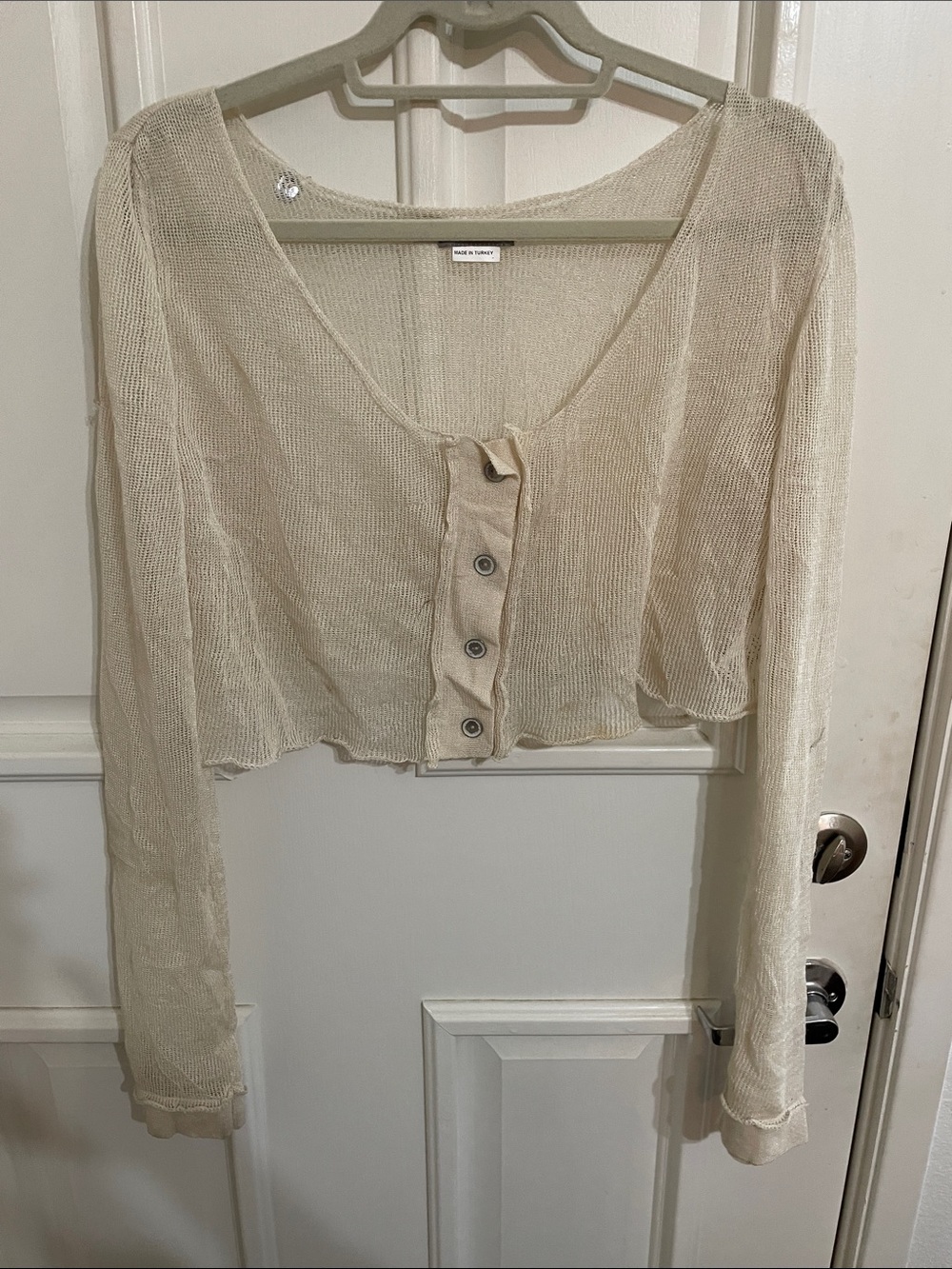 Crea  Concept Cream Button-Front Cropped Lightweight Knit Top Sz M